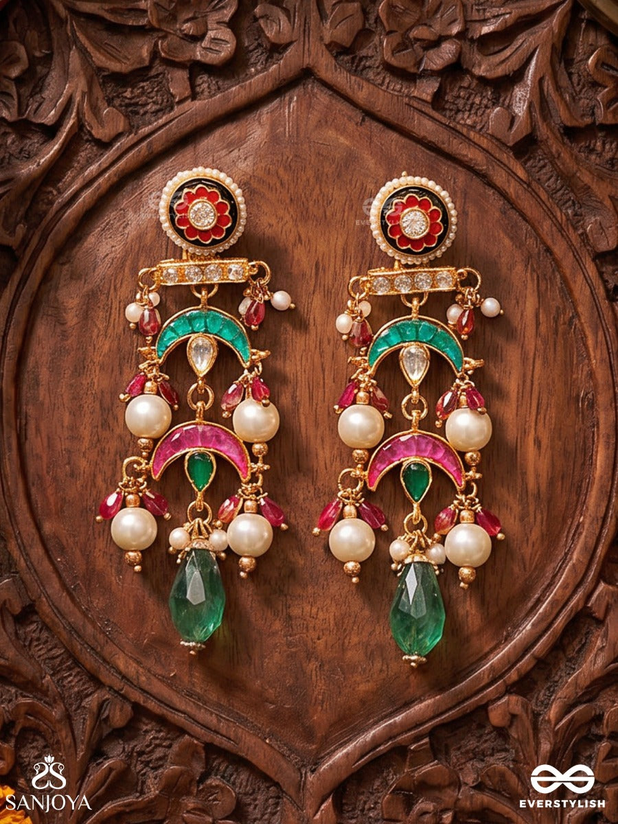 Ishvarika - Celestial Ornament - Turquoise And Crimson Crescent Earrings With Meenakari Medallion And Pearl-Accented Gem Drops