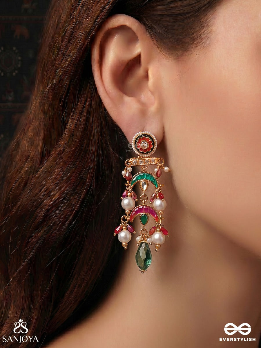 Ishvarika - Celestial Ornament - Turquoise And Crimson Crescent Earrings With Meenakari Medallion And Pearl-Accented Gem Drops