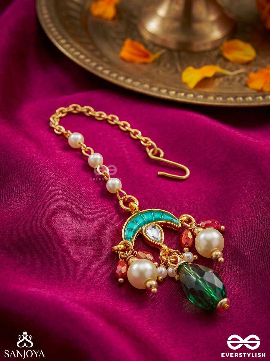 Ishvarika - Celestial Ornament - Turquoise Arc Maangtika With Enamel Disc Detail And Green Teardrop Finish