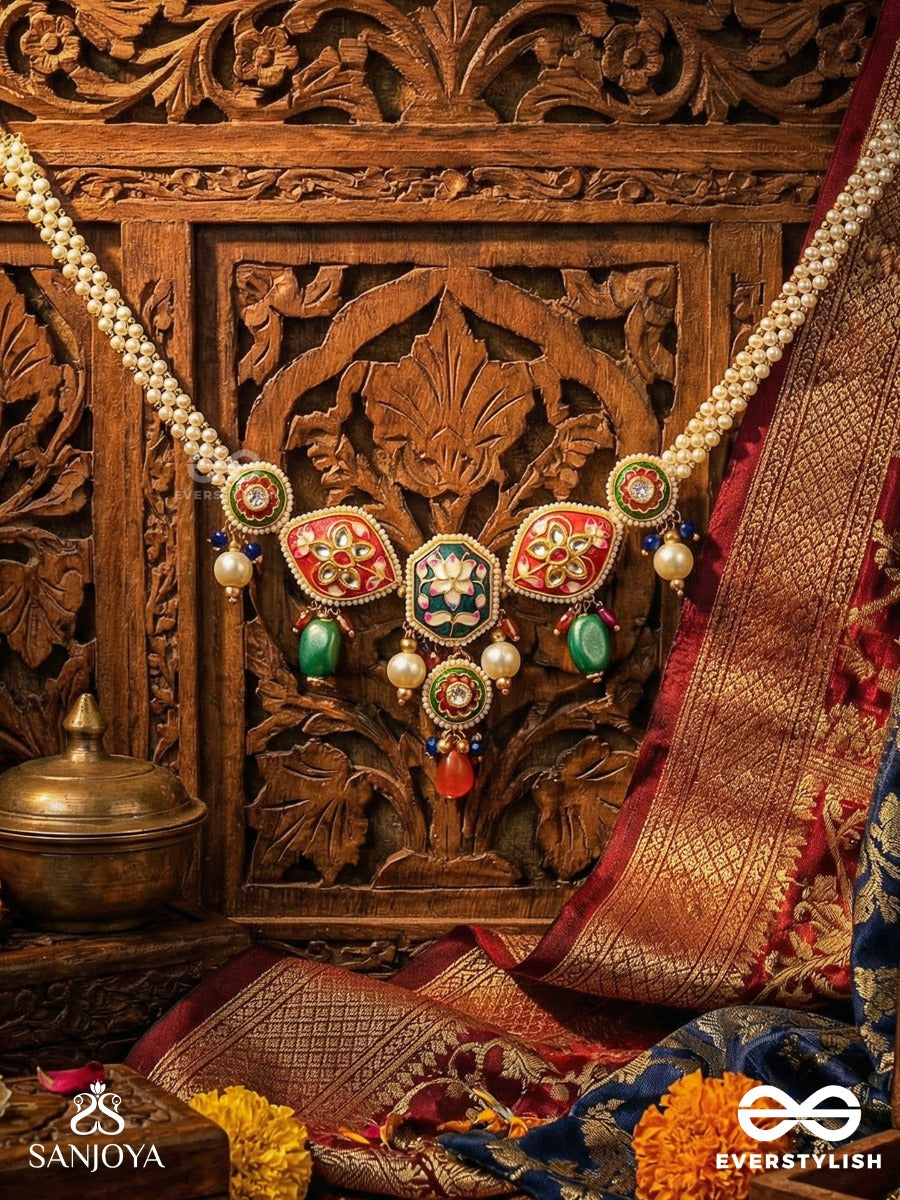 Chitrarekha - Ornate Illustration - Pearl Layer Necklace With Floral Meenakari Motifs And Colourful Hangings