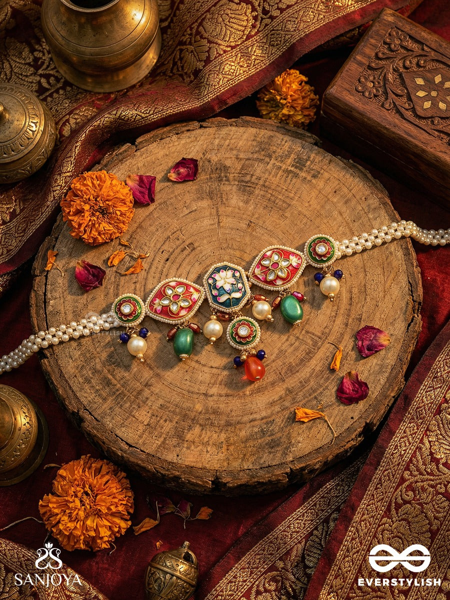 Chitrarekha - Ornate Illustration - Pearl Layer Necklace With Floral Meenakari Motifs And Colourful Hangings