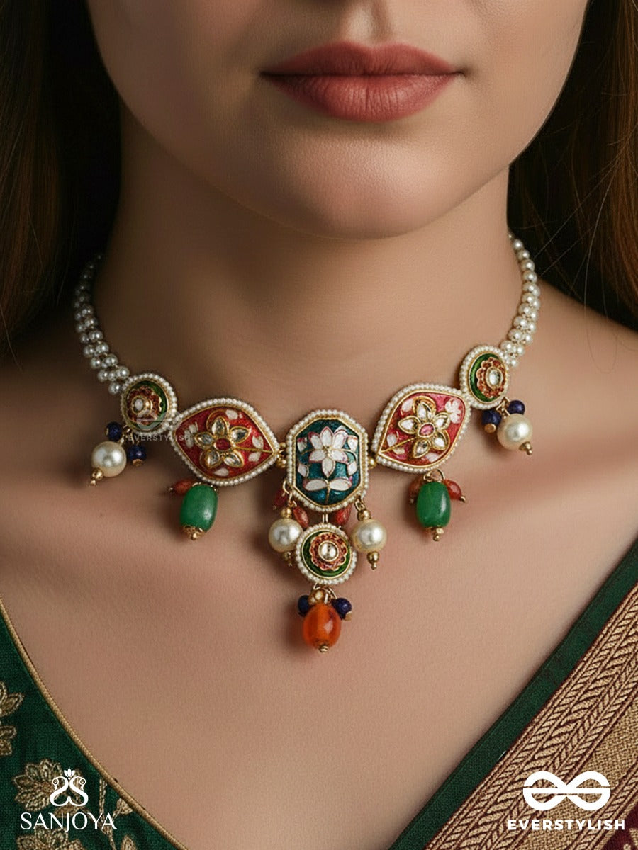 Chitrarekha - Ornate Illustration - Pearl Layer Necklace With Floral Meenakari Motifs And Colourful Hangings