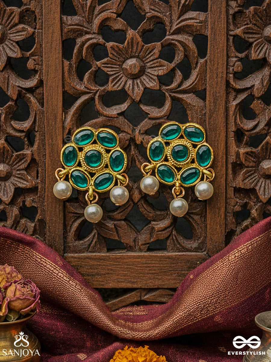 Marakatika - Emerald Essence - Round Gem-Set Stud Earrings With Pearl Drop Accents