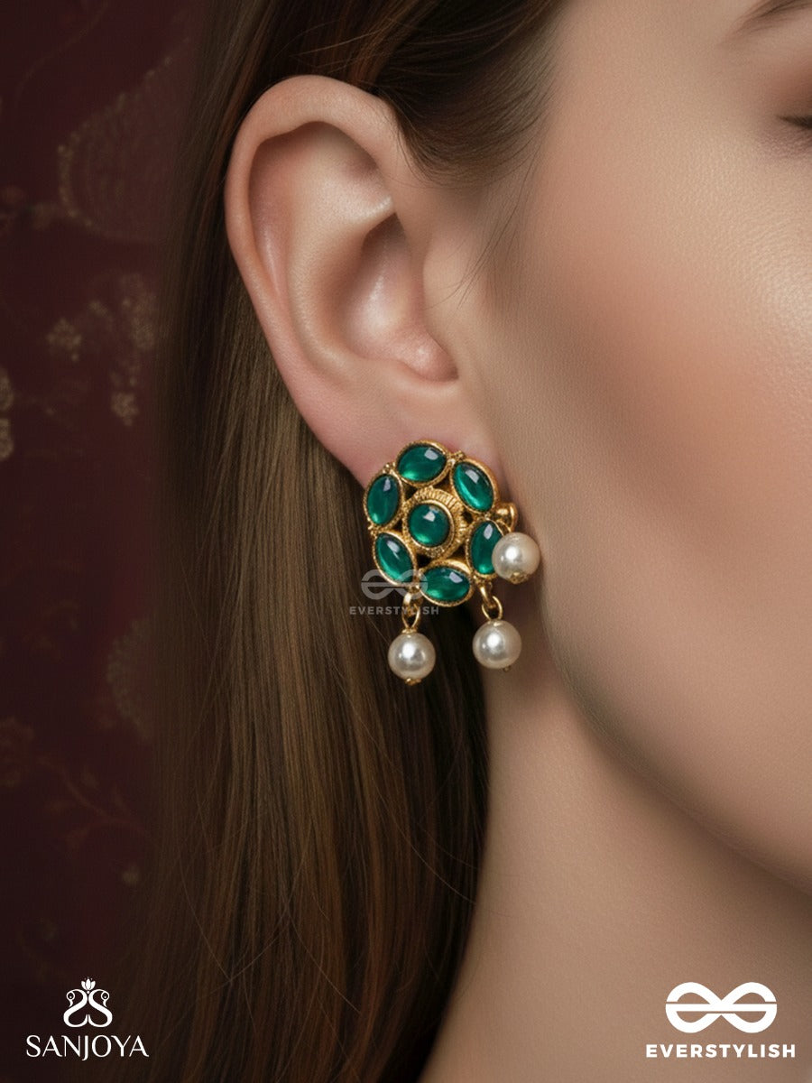 Marakatika - Emerald Essence - Round Gem-Set Stud Earrings With Pearl Drop Accents