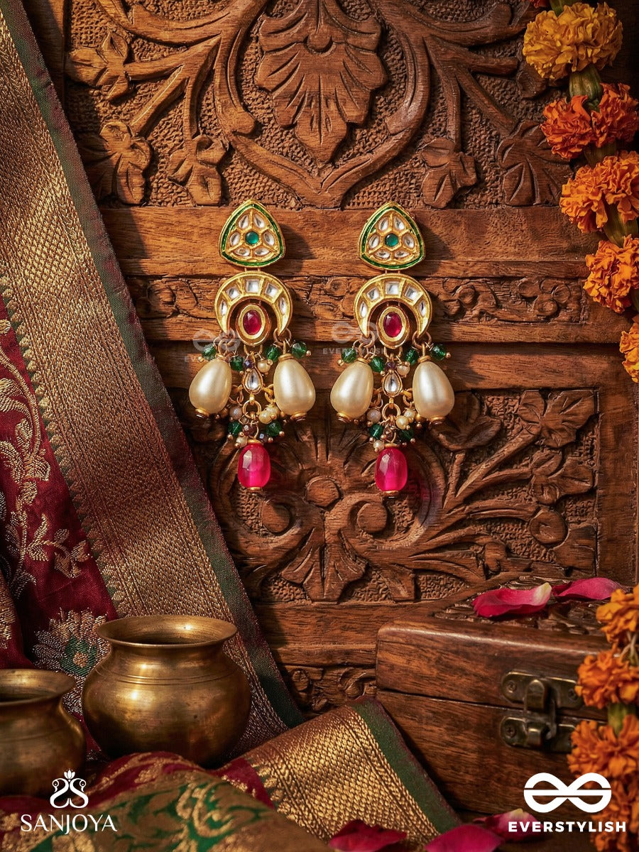 Shivanshi - Divine Trace - Kundan Arc Earrings With Crimson Oval Centre, Pearl Drops And Green Bead Accents