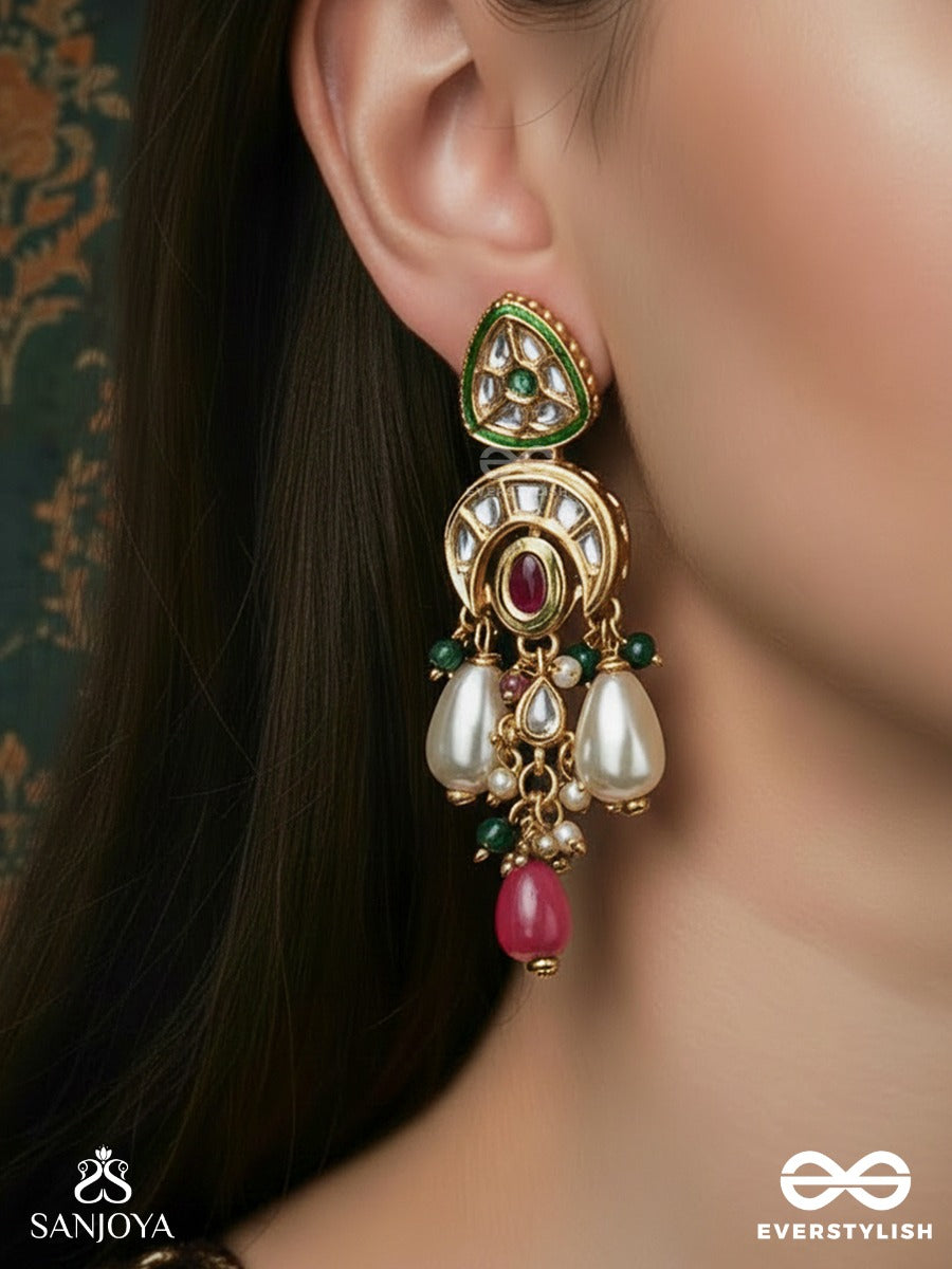 Shivanshi - Divine Trace - Kundan Arc Earrings With Crimson Oval Centre, Pearl Drops And Green Bead Accents