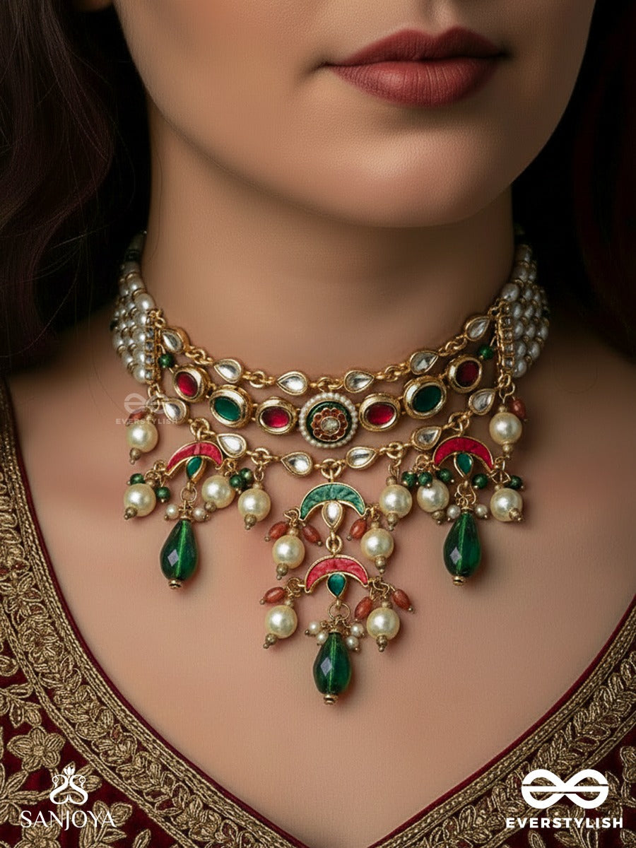 Ishvarika - Celestial Ornament - Multi-Strand Pearl Necklace With Turquoise Crescent Panels And Gem Drop Fringes