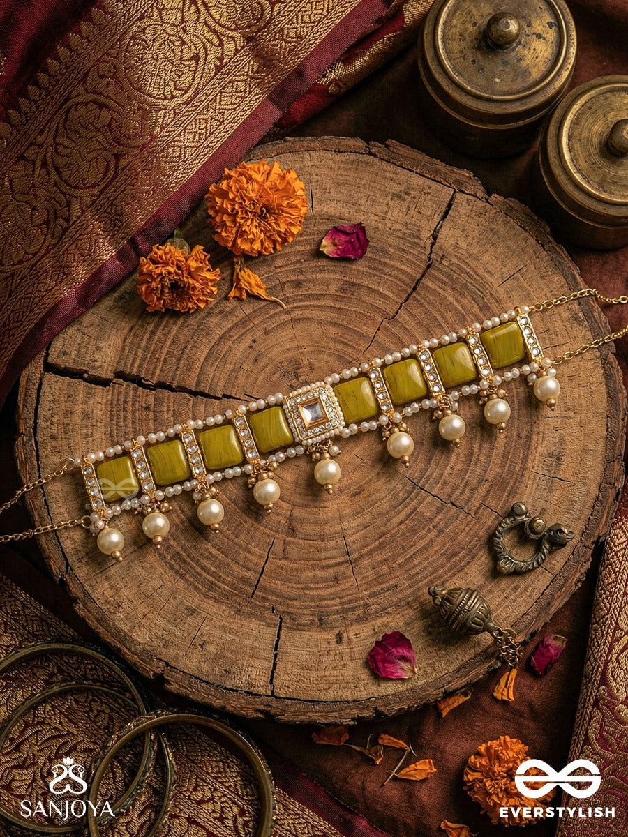 Kshonika - Earth-Toned Ornament - Geometric Green Panel Necklace With Delicate Pearl Drops