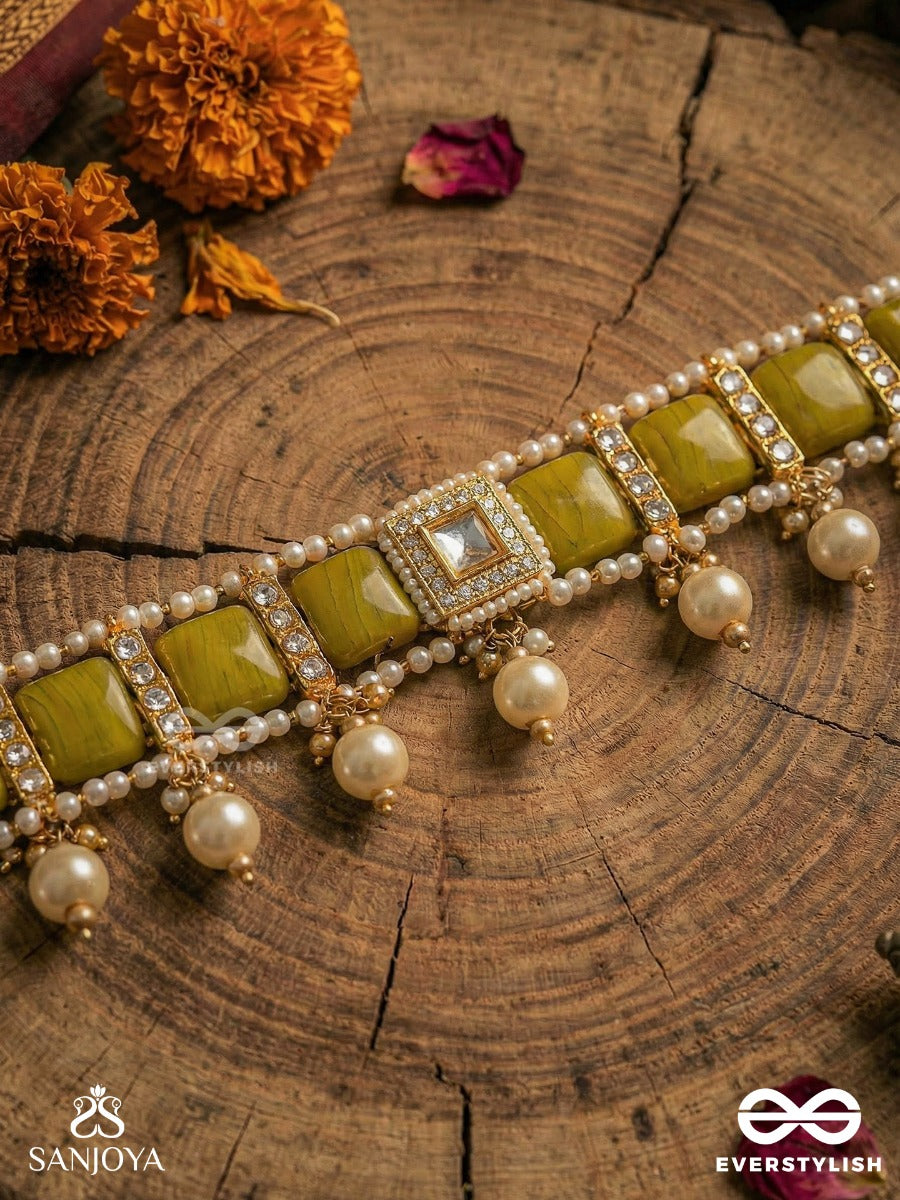Kshonika - Earth-Toned Ornament - Geometric Green Panel Necklace With Delicate Pearl Drops