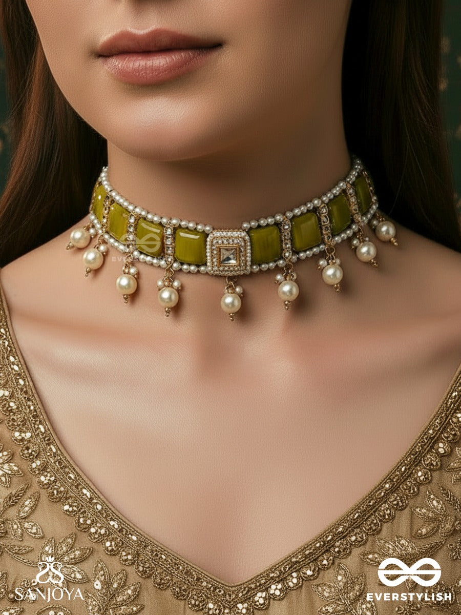 Kshonika - Earth-Toned Ornament - Geometric Green Panel Necklace With Delicate Pearl Drops