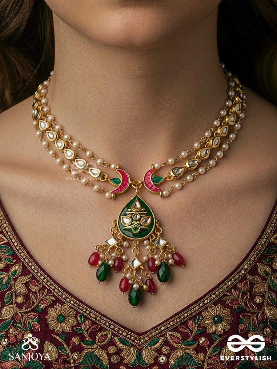 Maniratna - Jewelled Treasure - Pearl Strand Necklace With Ornate Gem Pendant And Drop Fringe