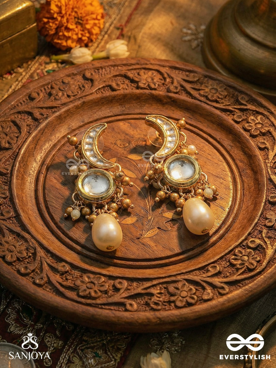 Nishitha - Night Bloom - Moon-Shaped Earrings With Reflective Mirror Disc, Delicate Bead Halo And Teardrop Pearl Finish