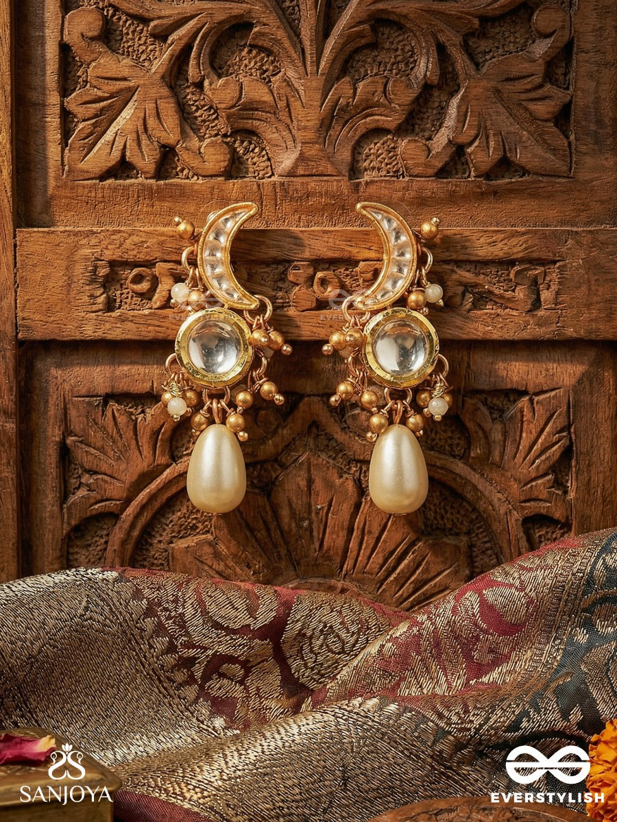 Nishitha - Night Bloom - Moon-Shaped Earrings With Reflective Mirror Disc, Delicate Bead Halo And Teardrop Pearl Finish