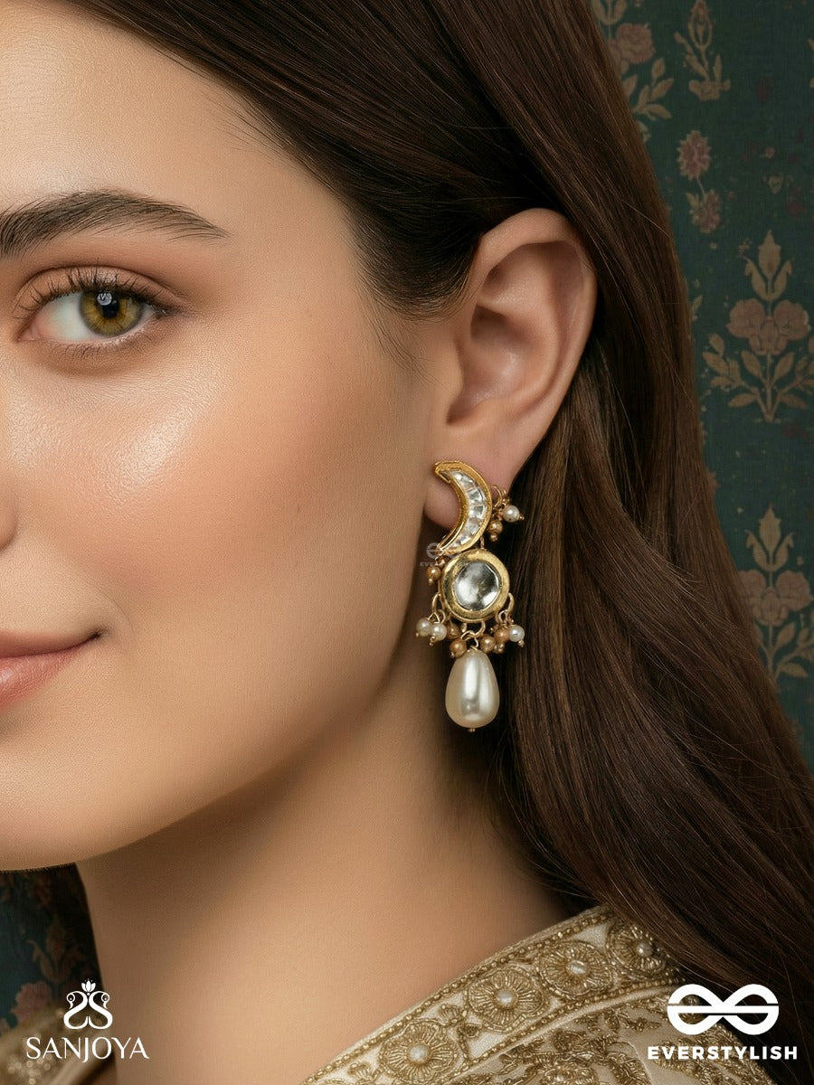 Nishitha - Night Bloom - Moon-Shaped Earrings With Reflective Mirror Disc, Delicate Bead Halo And Teardrop Pearl Finish