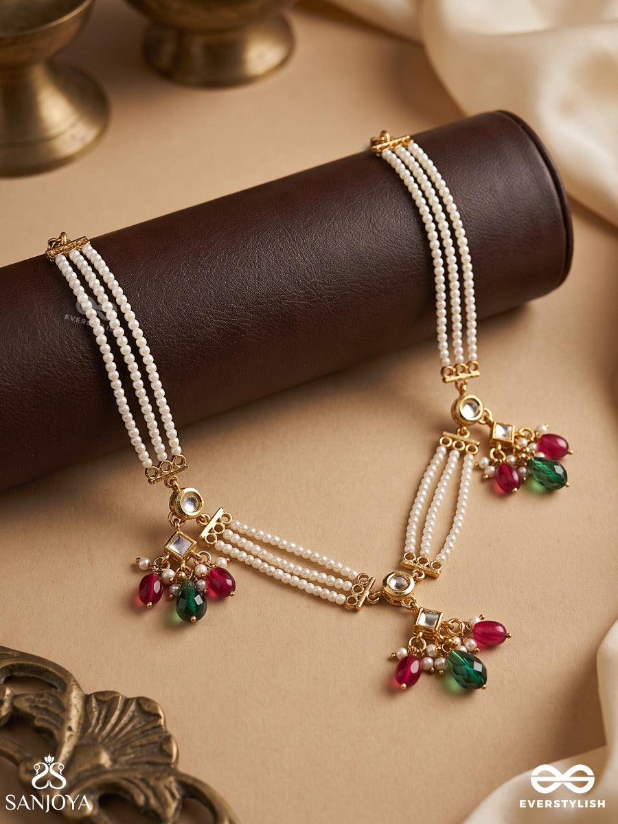 Aaranyika - Forest Melody - Triple-Strand Pearl Necklace With Floral Gem Clusters And Ruby-Green Accents