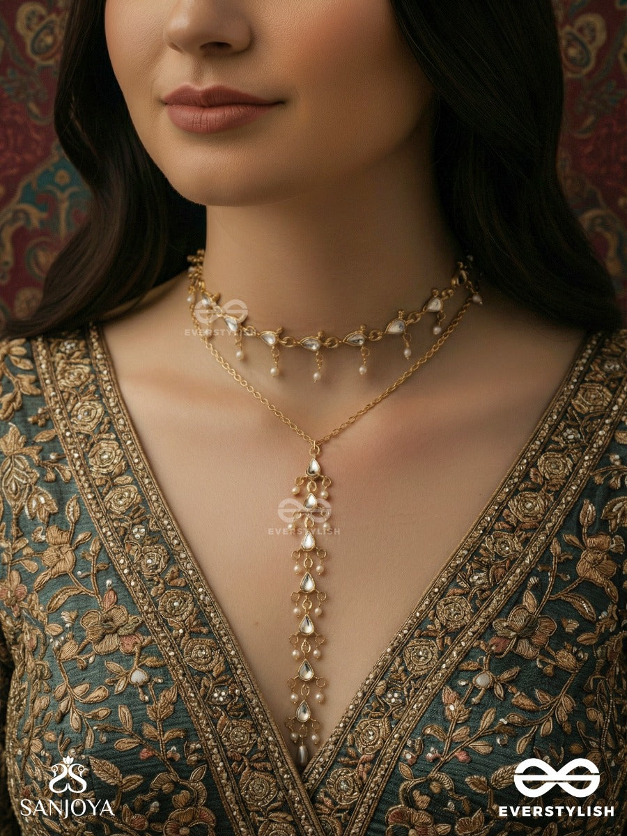 Mrinmayee - Soft Glow - Dual-Layer Necklace With Delicate Pearl Sprigs And Cascading Centre Drop
