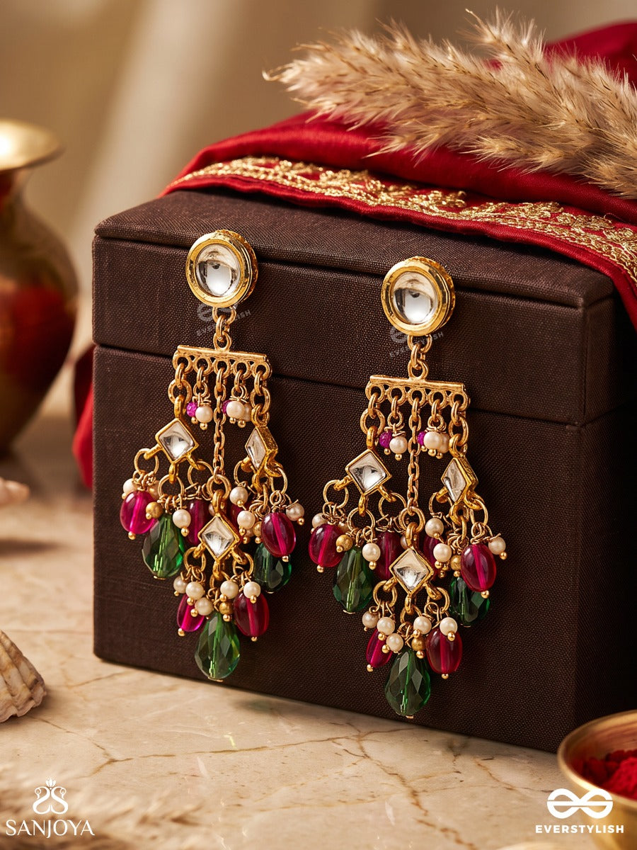 Vasuragini - Lustre Of Treasures - Festive Drop Earrings With Kundan Accents And Colourful Gem Cascade