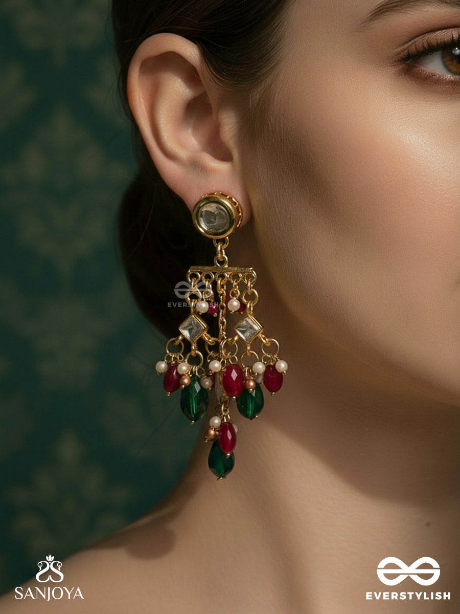 Vasuragini - Lustre Of Treasures - Festive Drop Earrings With Kundan Accents And Colourful Gem Cascade