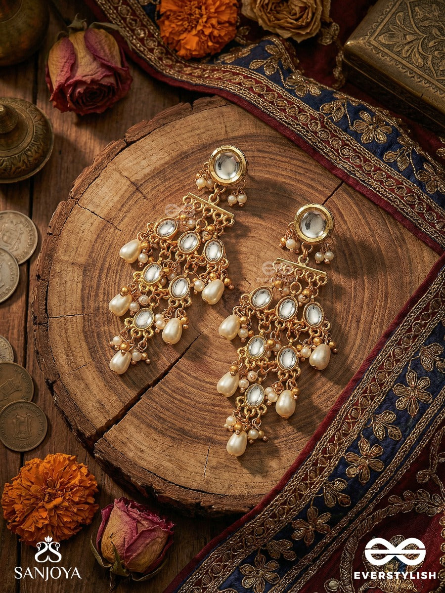 Indumanjari - Cluster Of Moons - Tiered Polki Earrings With Mirror Stud And Pearl Drop Cascade