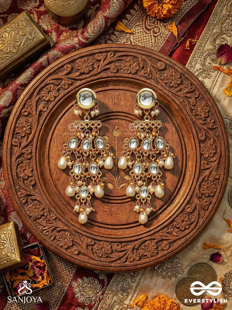 Indumanjari - Cluster Of Moons - Tiered Polki Earrings With Mirror Stud And Pearl Drop Cascade
