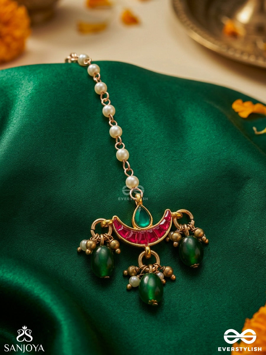Somranjani - Moon Enchantment - Slender Chain Maangtika With Enamelled Crescent And Emerald Drop Accents