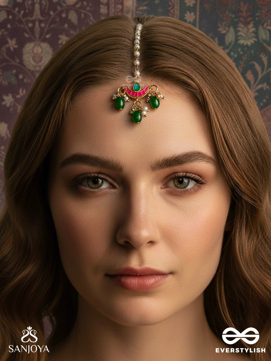 Somranjani - Moon Enchantment - Slender Chain Maangtika With Enamelled Crescent And Emerald Drop Accents