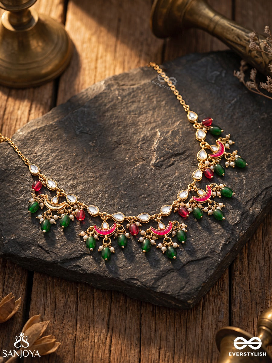 Vanamala - Forest Garland - Scalloped Necklace With Ruby-Toned Arcs, Emerald Drops And Pearl Highlights