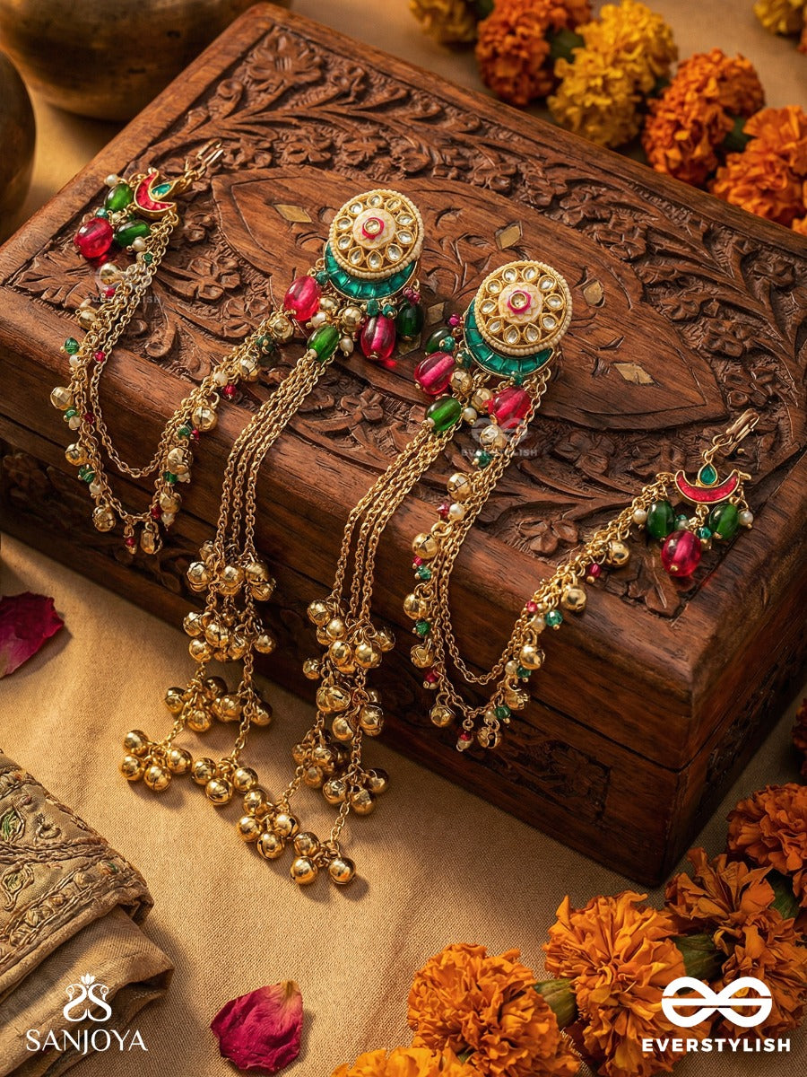 Shahkunj - Royal Garden - Kashmiri Chain Earrings With Crescent Detail, Gem Accents And Ghungroo Cascade