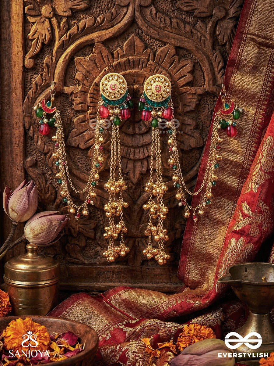 Shahkunj - Royal Garden - Kashmiri Chain Earrings With Crescent Detail, Gem Accents And Ghungroo Cascade