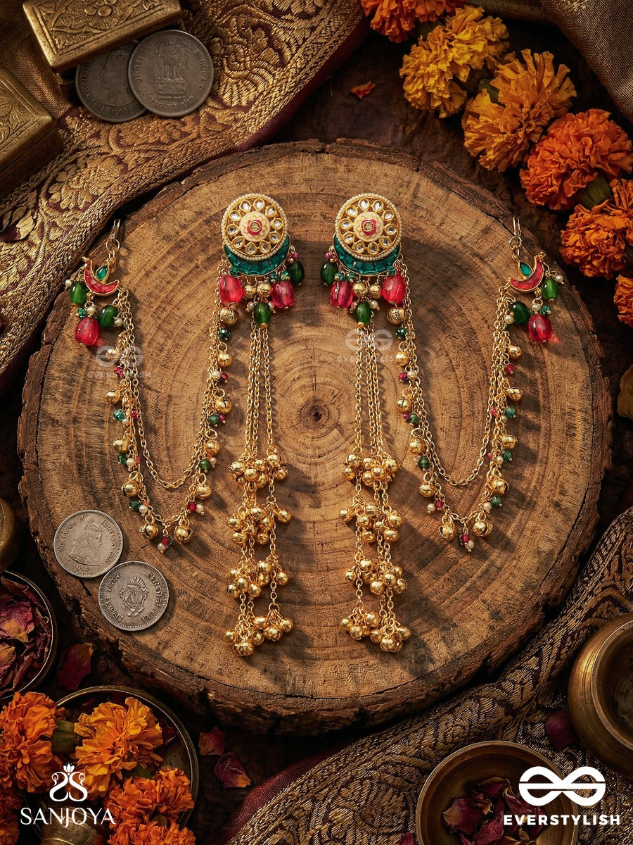Shahkunj - Royal Garden - Kashmiri Chain Earrings With Crescent Detail, Gem Accents And Ghungroo Cascade