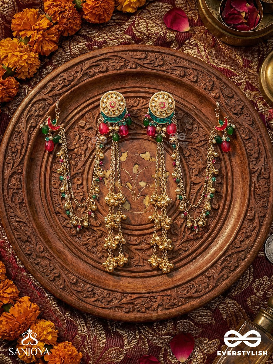 Shahkunj - Royal Garden - Kashmiri Chain Earrings With Crescent Detail, Gem Accents And Ghungroo Cascade