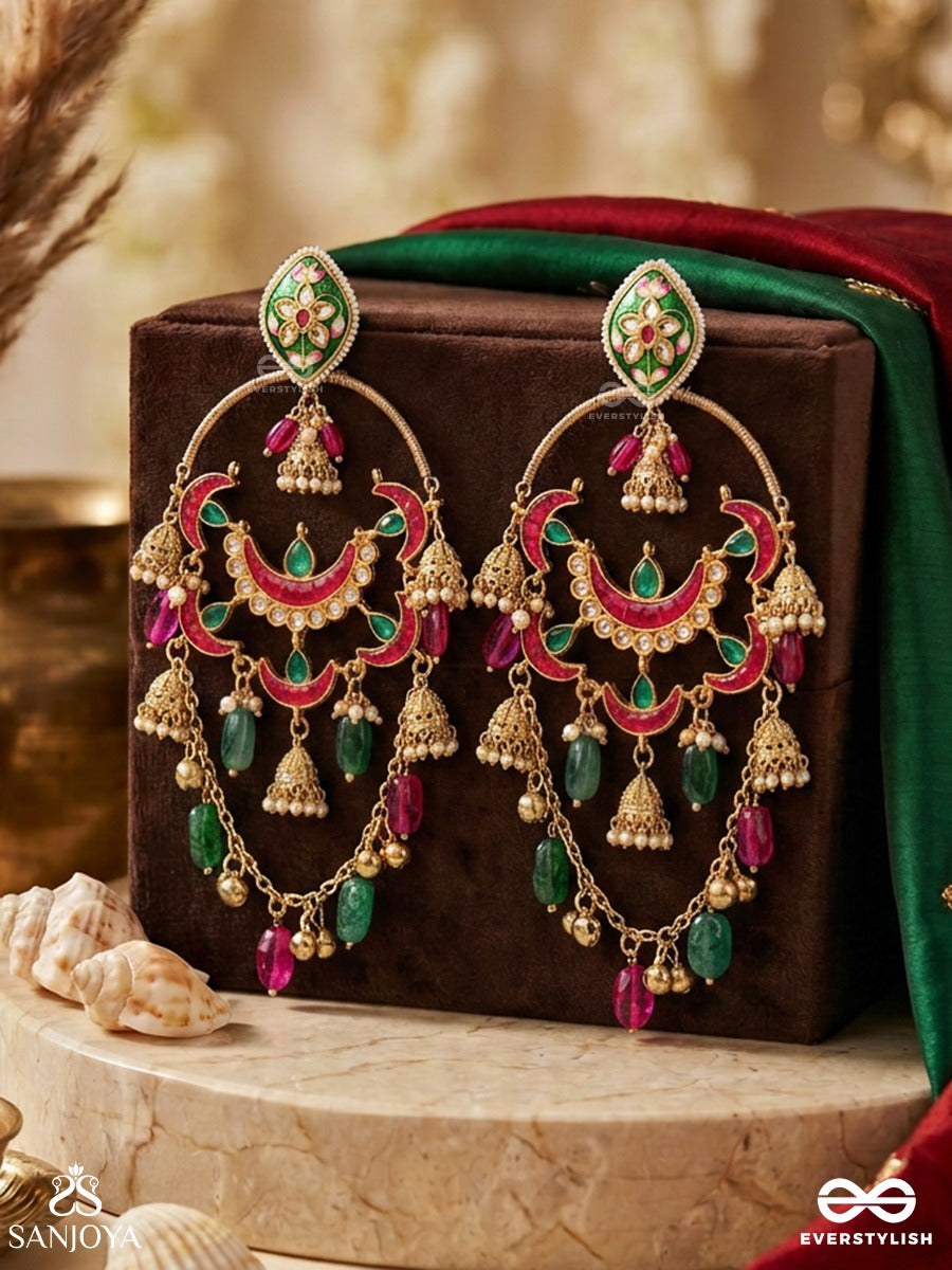 Maniranjani - Jewelled Celebration - Multi-Arc Chandelier Kashmiri Earrings With Multiple Crescent Panels, Gem Drops And Mini Jhumka Details