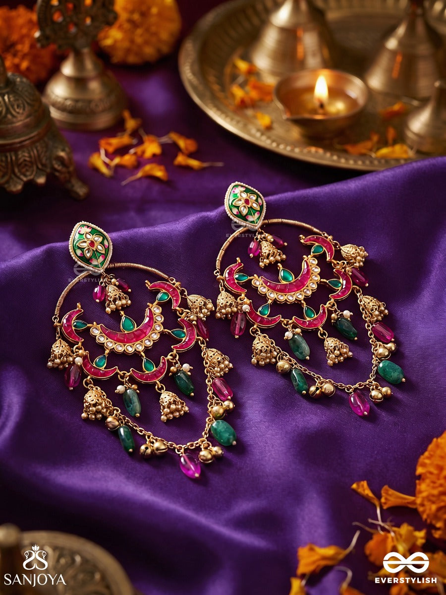 Maniranjani - Jewelled Celebration - Multi-Arc Chandelier Kashmiri Earrings With Multiple Crescent Panels, Gem Drops And Mini Jhumka Details