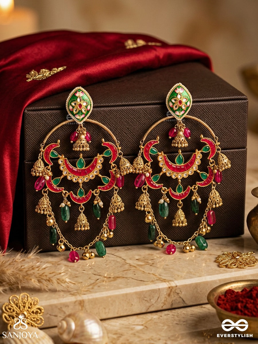 Maniranjani - Jewelled Celebration - Multi-Arc Chandelier Kashmiri Earrings With Multiple Crescent Panels, Gem Drops And Mini Jhumka Details
