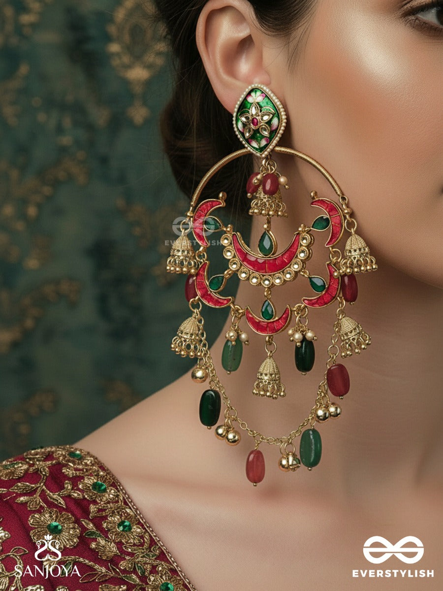 Maniranjani - Jewelled Celebration - Multi-Arc Chandelier Kashmiri Earrings With Multiple Crescent Panels, Gem Drops And Mini Jhumka Details