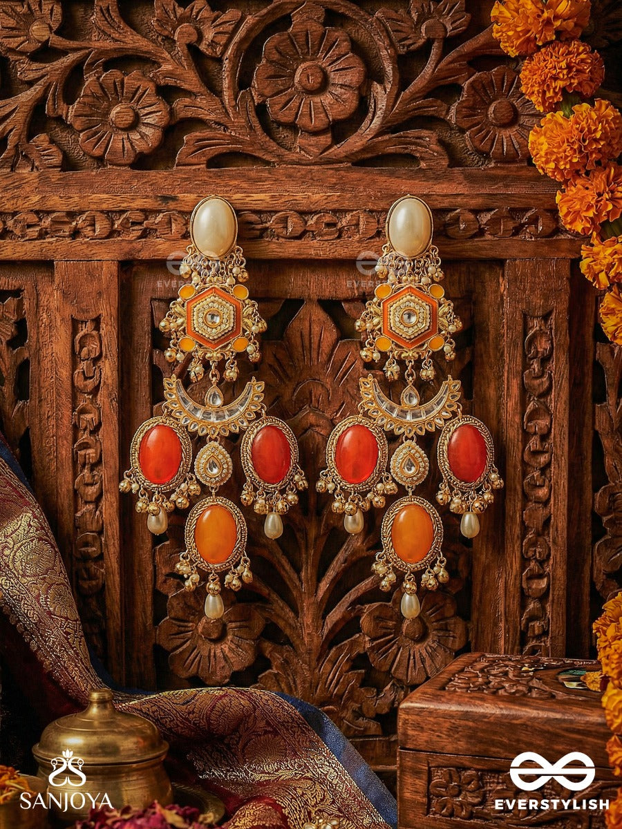 Arunprabha - Dawn Radiance - Grand Coral-Toned Kashmiri Earrings With Ornate Crescent Panel And Pearl Drop Accents