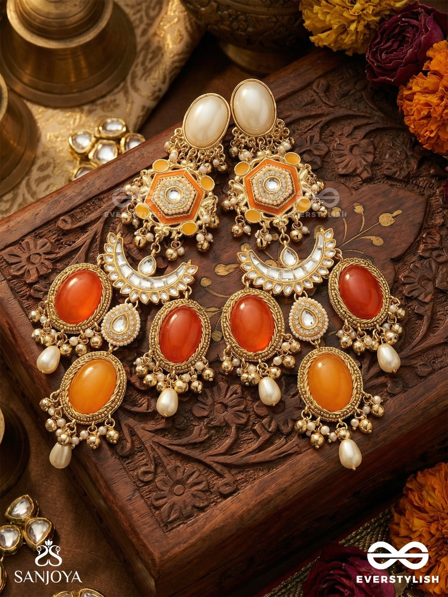 Arunprabha - Dawn Radiance - Grand Coral-Toned Kashmiri Earrings With Ornate Crescent Panel And Pearl Drop Accents