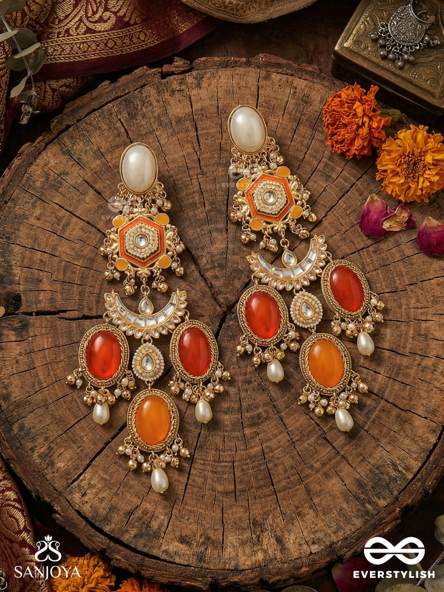 Arunprabha - Dawn Radiance - Grand Coral-Toned Kashmiri Earrings With Ornate Crescent Panel And Pearl Drop Accents
