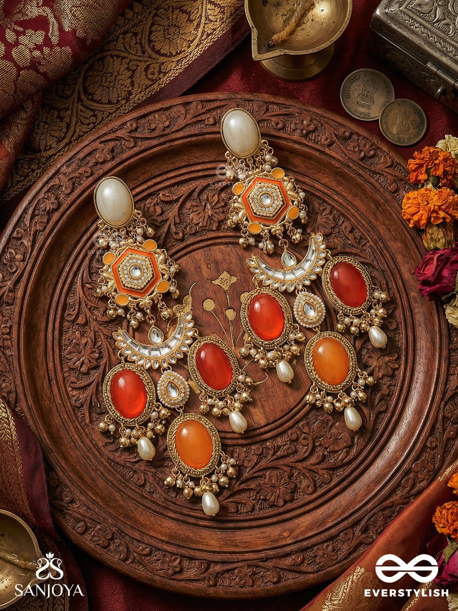 Arunprabha - Dawn Radiance - Grand Coral-Toned Kashmiri Earrings With Ornate Crescent Panel And Pearl Drop Accents