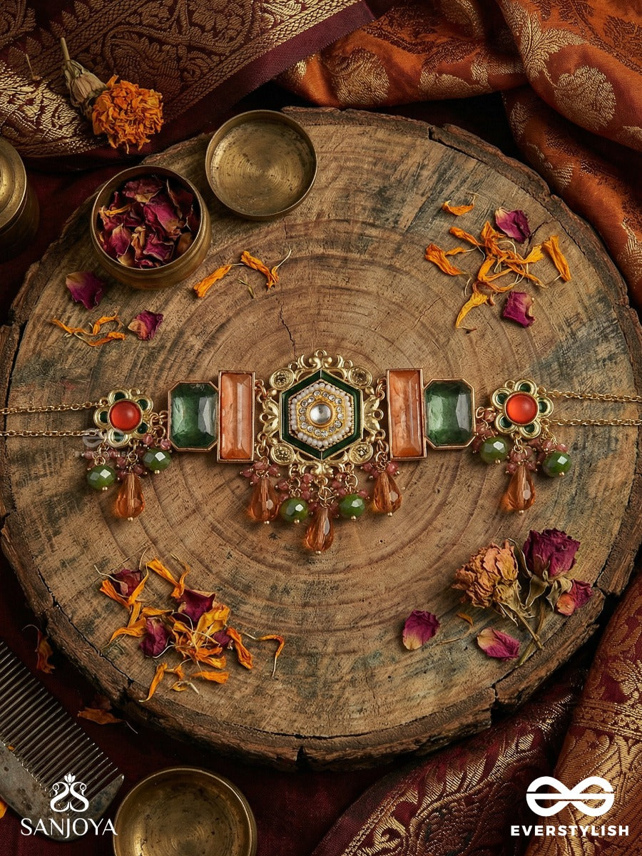 Chitraghana - Artistic Structure - Structured Necklace With Hexagon Centre, Coral Panels And Gem Accents