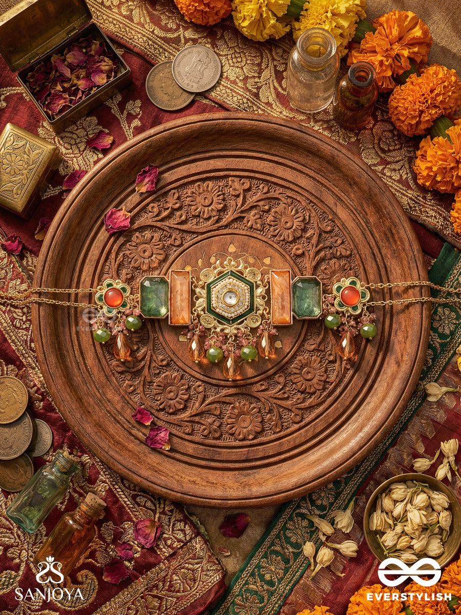 Chitraghana - Artistic Structure - Structured Necklace With Hexagon Centre, Coral Panels And Gem Accents