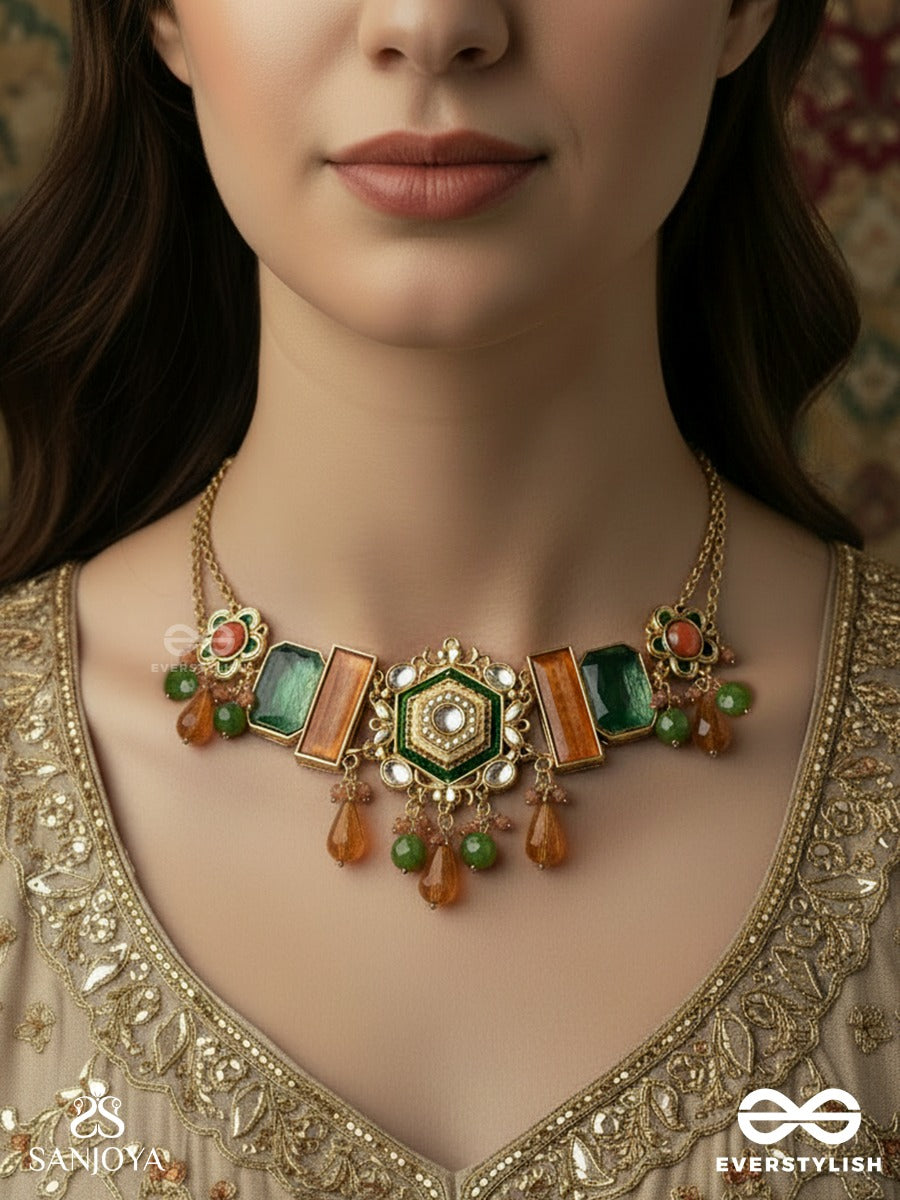 Chitraghana - Artistic Structure - Structured Necklace With Hexagon Centre, Coral Panels And Gem Accents
