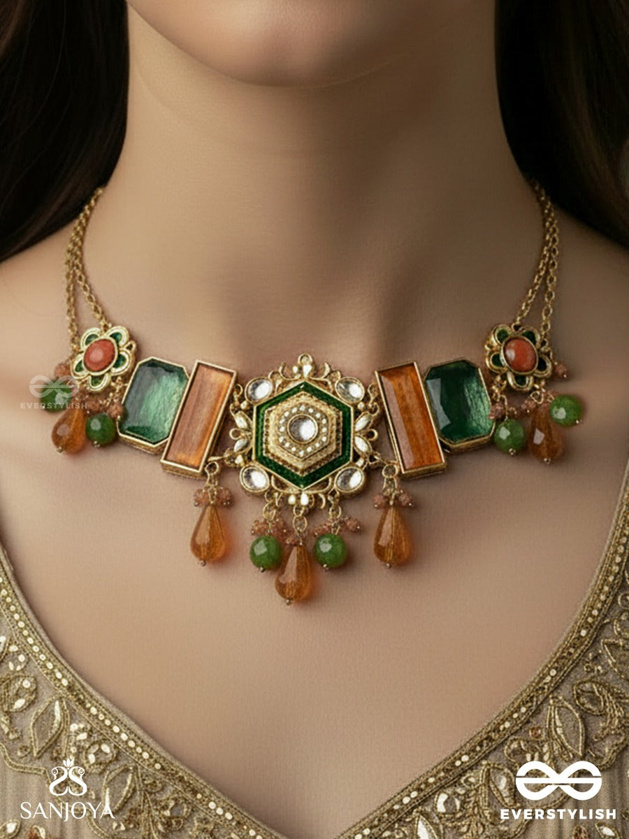 Chitraghana - Artistic Structure - Structured Necklace With Hexagon Centre, Coral Panels And Gem Accents