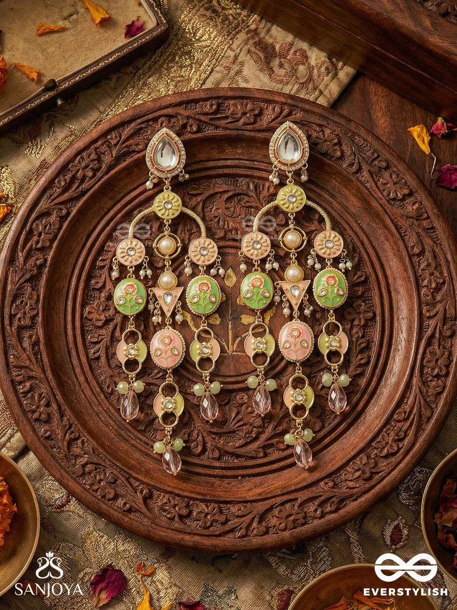 Devakusuma - Divine Blossom - Multi-Panel Chandelier Kashmiri Earrings With Green-Pink Medallions And Dangling Crystals