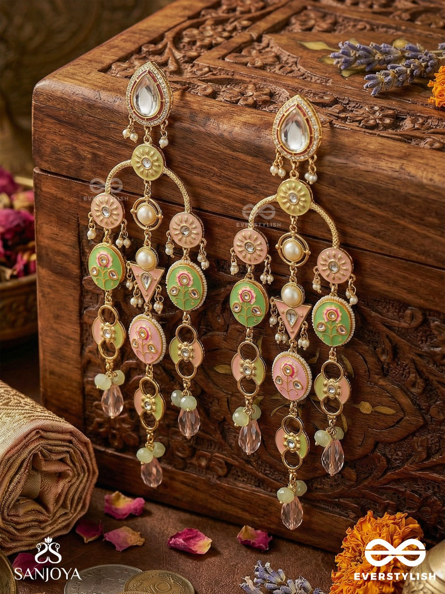 Devakusuma - Divine Blossom - Multi-Panel Chandelier Kashmiri Earrings With Green-Pink Medallions And Dangling Crystals