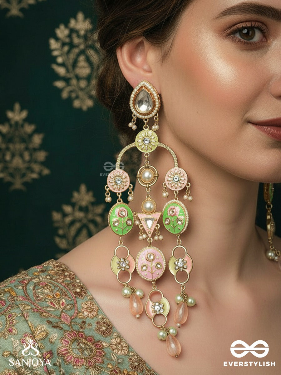 Devakusuma - Divine Blossom - Multi-Panel Chandelier Kashmiri Earrings With Green-Pink Medallions And Dangling Crystals