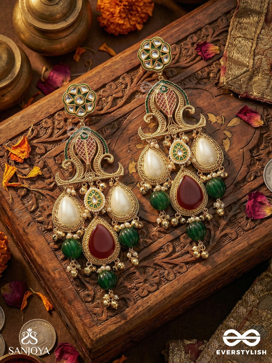 Devayani - Divine Path - Grand Filigree Kashmiri Earrings With Pearl Panels, Ruby Teardrop And Emerald Accents
