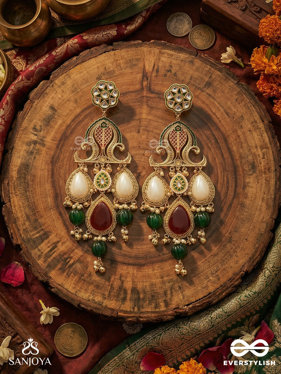 Devayani - Divine Path - Grand Filigree Kashmiri Earrings With Pearl Panels, Ruby Teardrop And Emerald Accents