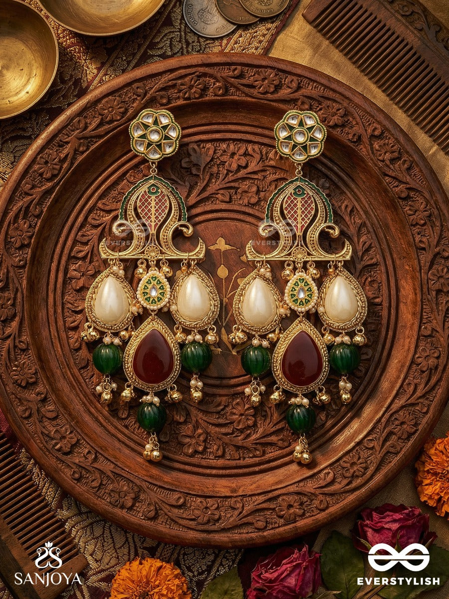 Devayani - Divine Path - Grand Filigree Kashmiri Earrings With Pearl Panels, Ruby Teardrop And Emerald Accents