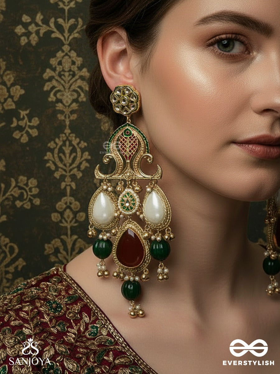 Devayani - Divine Path - Grand Filigree Kashmiri Earrings With Pearl Panels, Ruby Teardrop And Emerald Accents